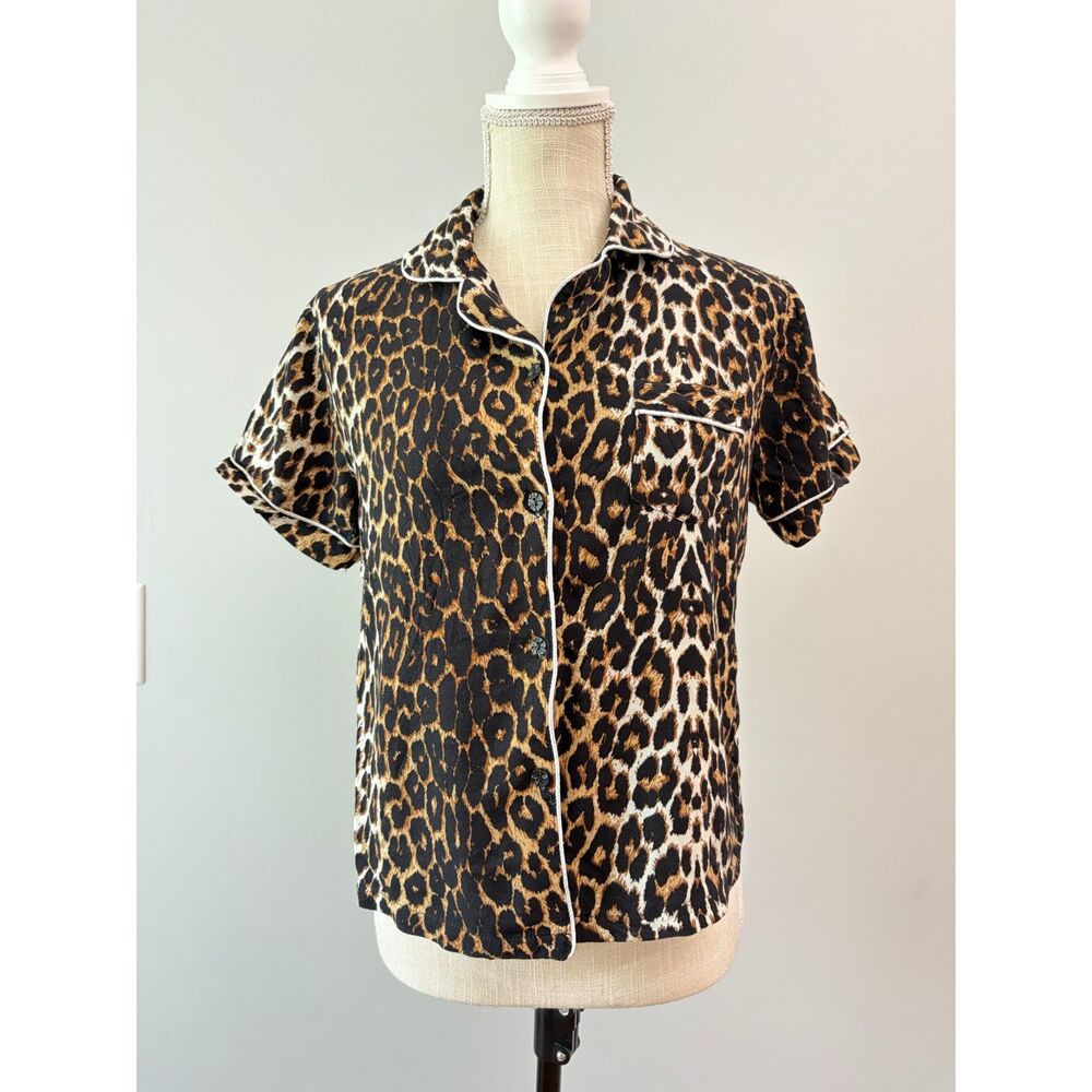 Leopard Print Short Sleeve Pajama Top Womens Med Animal Print Cozy Loungewear